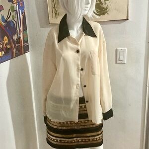 Vintage Burton Button Down Blouse - Chic Nude and Black - Made in UK